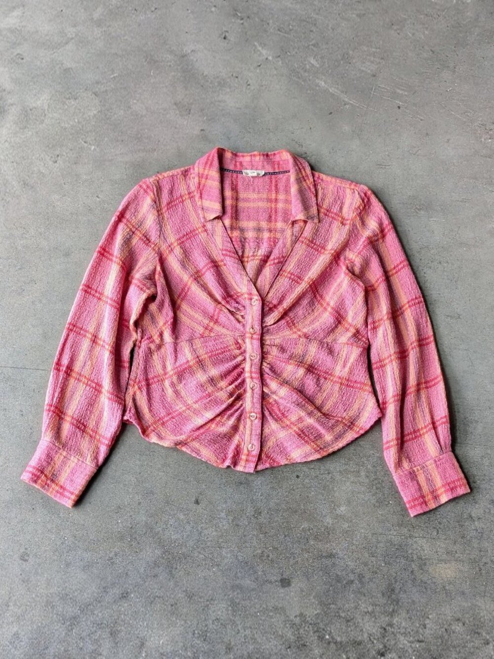 Anthropologie Pilcro Ruched Deep-V Plaid Buttondown Shirt size small petite